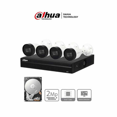 DAHUA KITNVR1104HS-P+4C1TB- Kit IP de 4 canales con NVR con 4 puertos PoE, 1TB de almacenamiento, y 4 cámaras bullet de 2MP con IR de 30 metros y clasificación IP67 para exteriores