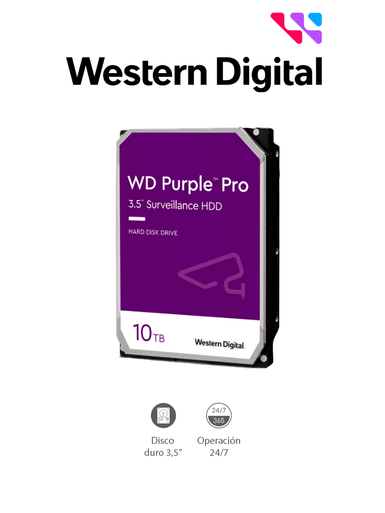 WESTERN DIGITAL WD102PURP - Disco Duro de 10TB Purple PRO/ Especial para Videovigilancia con IA/ Tecnología IA AllFrame/ Interface: Sata 6 Gb/s / Cache 512 M / Hasta 64 Cámaras/ 32 Secuencias de IA para Análisis de Aprendizaje Profundo