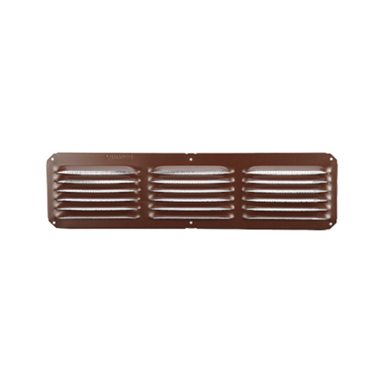 The image features a set of four Lomanco C416 Brown Cornice Vents neatly arranged in a row. Each vent measures 4x16 inches, presenting a sleek and functional design. The vents exhibit a rich brown color, seamlessly blending with various architectural styles. The textured surface adds a subtle touch, enhancing both aesthetics and durability. These vents are designed to efficiently ventilate and aerate spaces while maintaining an unobtrusive appearance. The precisely crafted details reflect Lomanco's commitment to quality and performance in ventilation solutions.