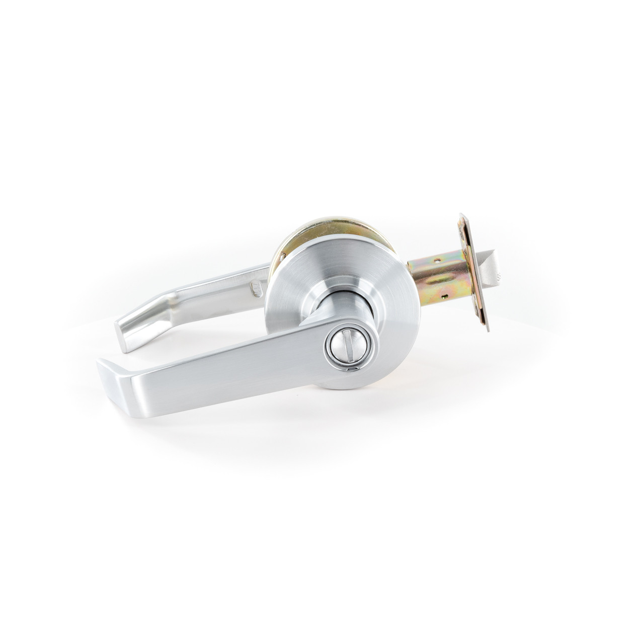 The image features a Design Hardware X-82-F US26D Entry Flat Lever Lock, showcasing a sophisticated and modern design. The lock is designed for entry applications and is equipped with a 2-3/4" backset, ensuring proper alignment with the door frame. The flat lever, serving as the primary handle, exudes a sleek and contemporary aesthetic. The lock's finish is US26D, denoting a satin chrome finish, adding a polished and refined touch to the overall appearance. Additionally, the lock comes with a KA-5 ASA Strike, emphasizing its compatibility with standard American Locksmith Association (ASA) strike preparations. The image captures the functionality and elegance of this entry flat lever lock, suitable for various residential or commercial settings.