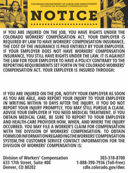 Colorado Workers' Compensation Notice of Injury Poster