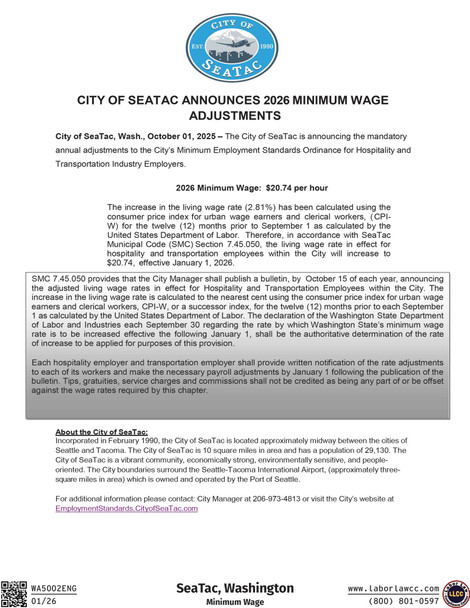SeaTac, Washington Minimum Wage Supplemental Poster