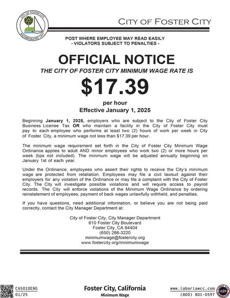 Foster City, California Minimum Wage Supplement