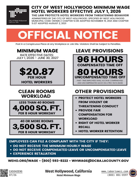 West Hollywood, California Hotel Minimum Wage Supplement