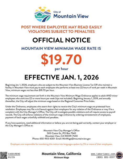 Mountain View, California Minimum Wage Supplemental Poster