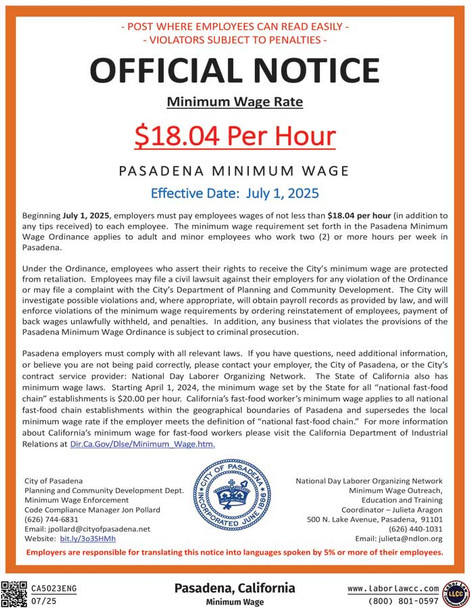 Pasadena, California Minimum Wage Supplement