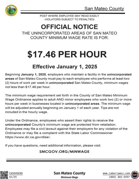 San Mateo, California Local Minimum Wage Ordinance Supplemental Poster