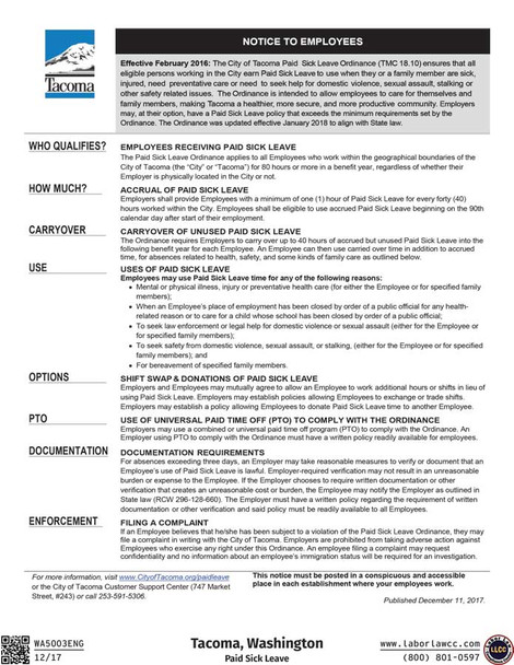 Tacoma, Washington Paid Sick Leave Poster