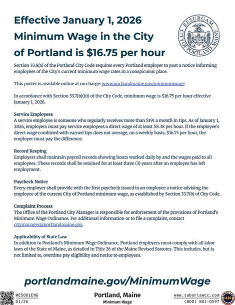 Portland, Maine Minimum Wage Supplemental Poster
