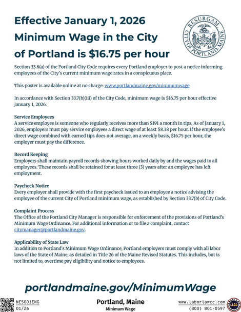 Portland, Maine Minimum Wage Supplemental Poster