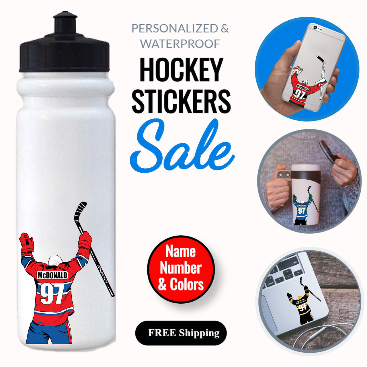 Stinky Lockers Personalized Custom Hockey Sticker for your Water Bottle | Cell Phone | Laptop | Thermal Mug & More 