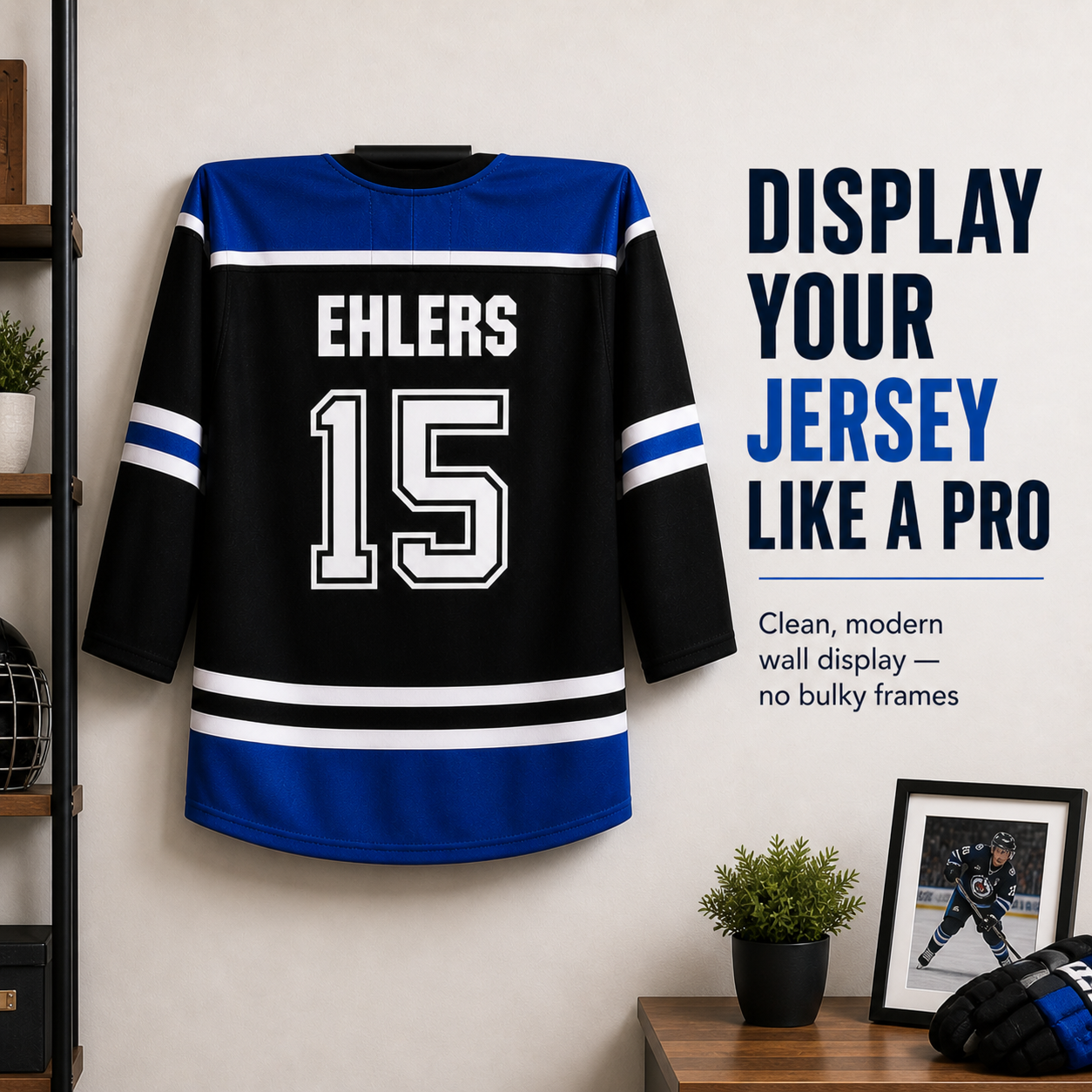 Sports Jersey Wall Mount (3-Pack) displaying hockey jerseys on the wall without expensive display frames. Affordable floating jersey display for sports fans.