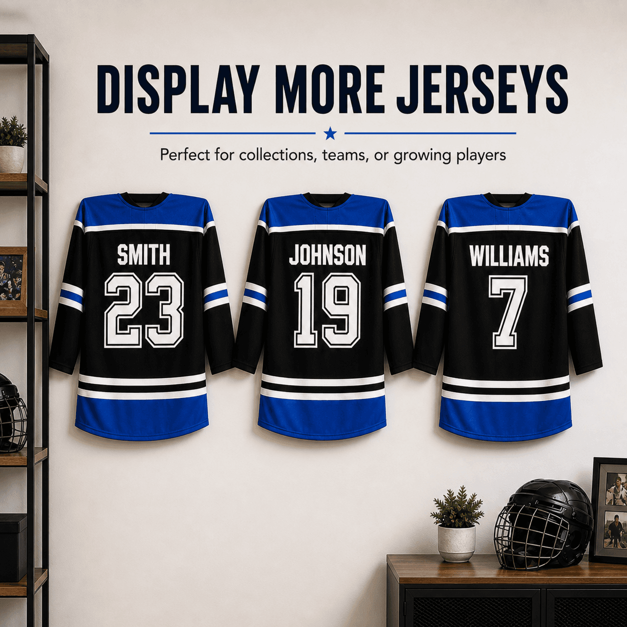 Stinky Lockers Jersey Mount CAN, display of hockey jerseys with custom names and numbers on a wall, ideal for sports teams or collections