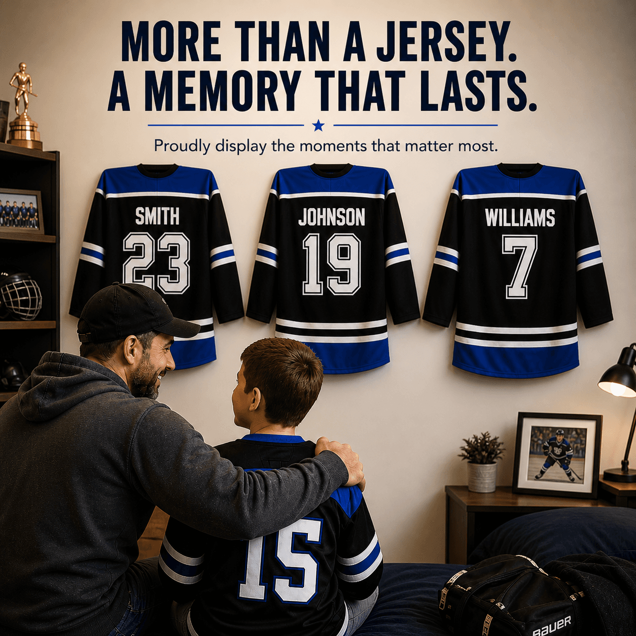 Stinky Lockers Jersey Mount CAN, retail display of hockey jerseys with player names and numbers on a wall.