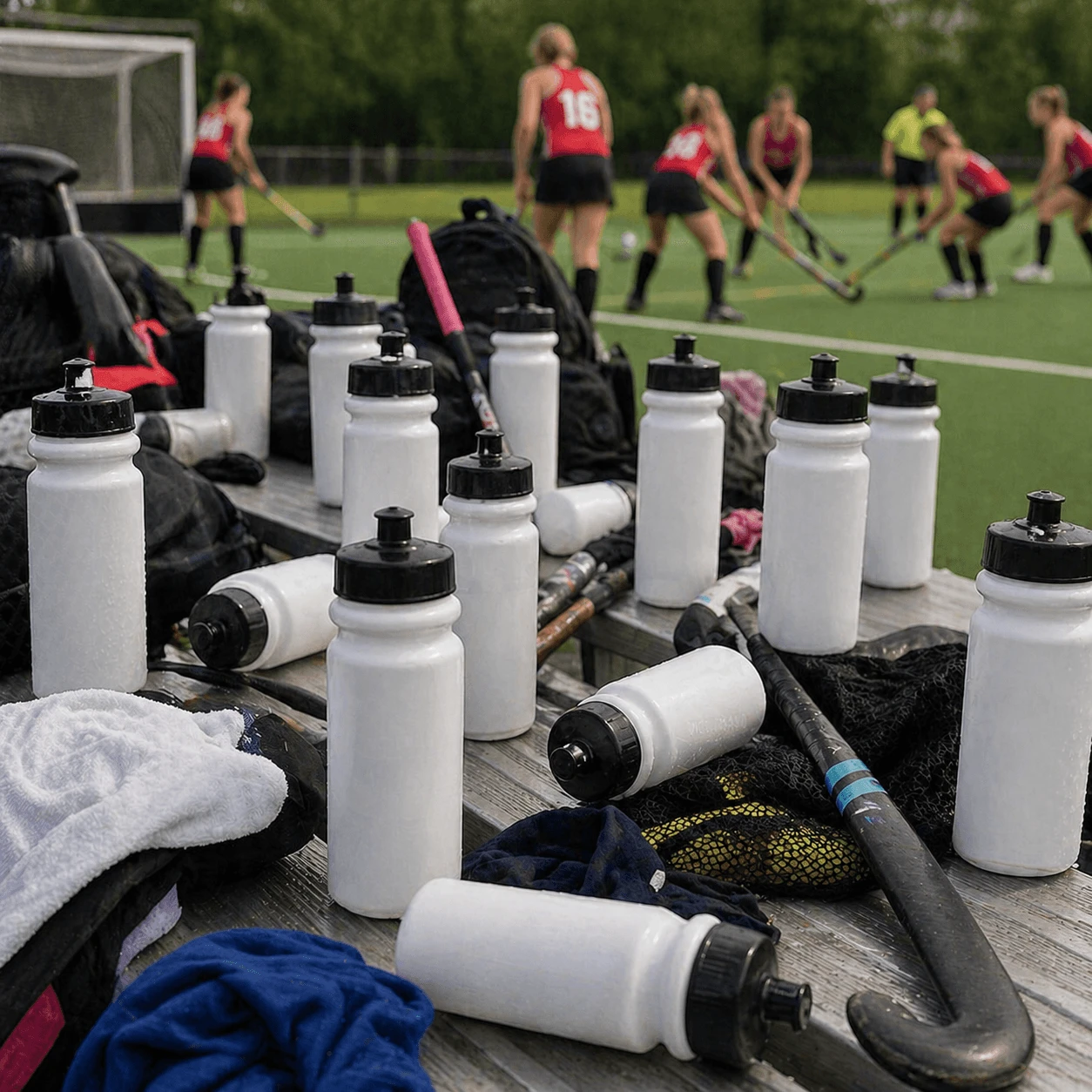 Stinky Lockers Personalized Field Hockey Sticker, close-up of water bottles and gear on a wooden bench at a field hockey game with players in the background.