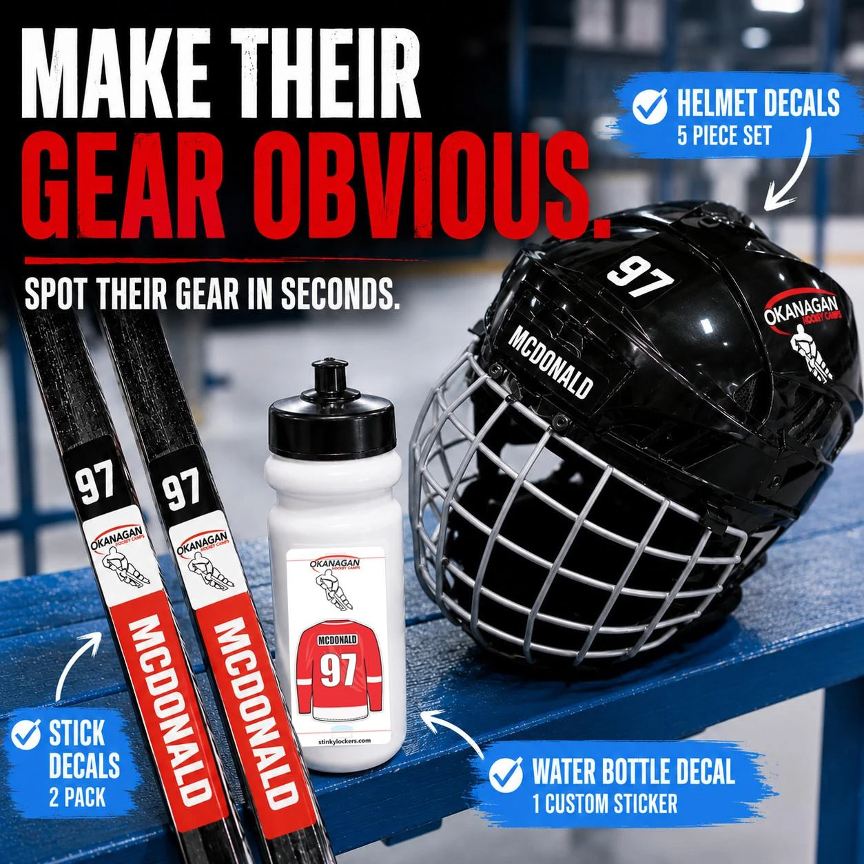 Stinky Lockers OHC Pro Player Pack-Most Popular, hockey gear management kit featuring stick decals, water bottle decal, and a hockey helmet with a cage.