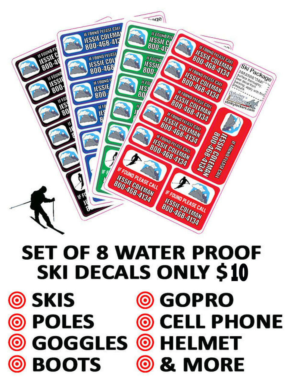 Stinky Lockers Personalized Ski Stickers-Skis, Pole & More That Last 