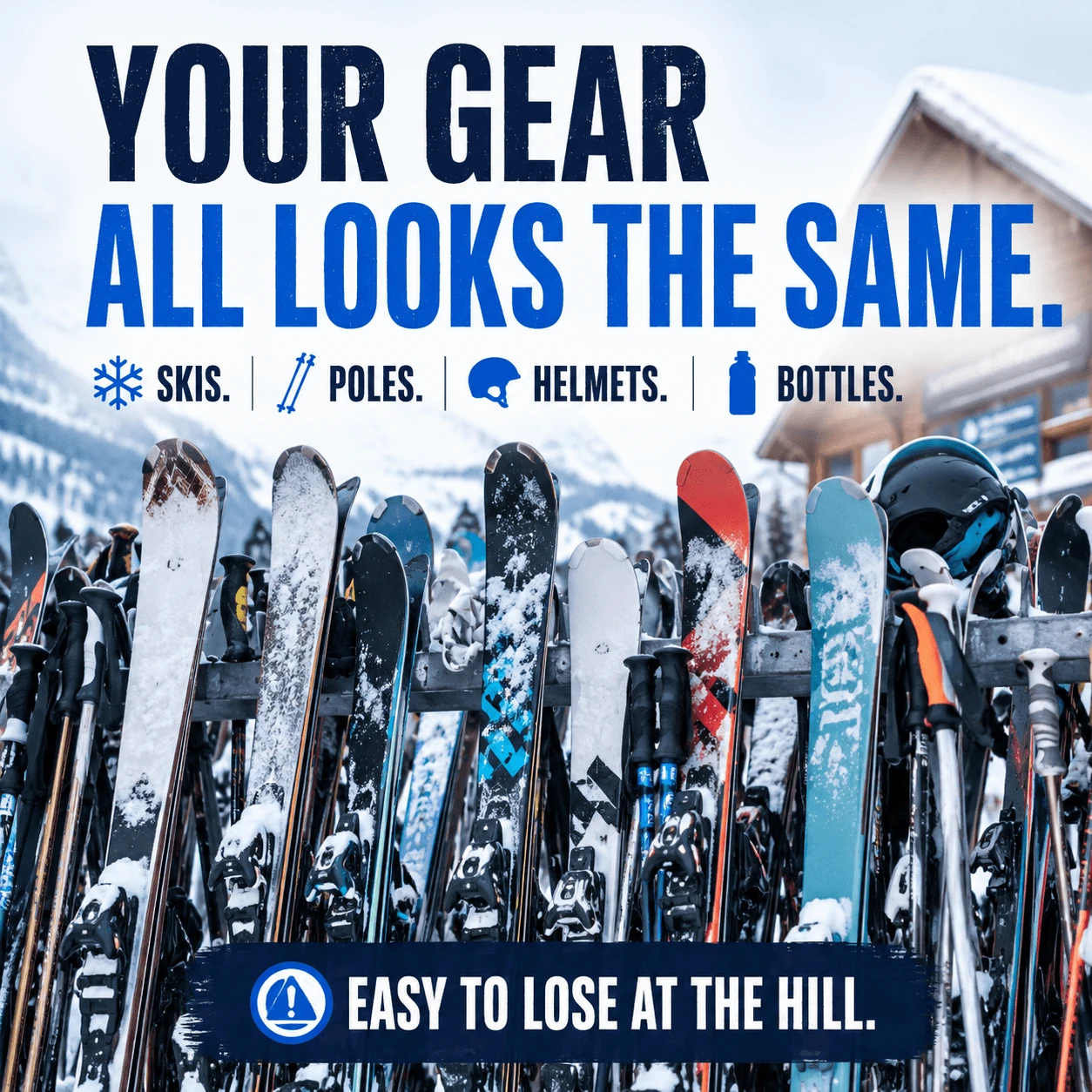 Stinky Lockers Personalized Ski Stickers, a colorful digital poster showcasing customizable labels for skis, poles, helmets, and water bottles at a ski resort.