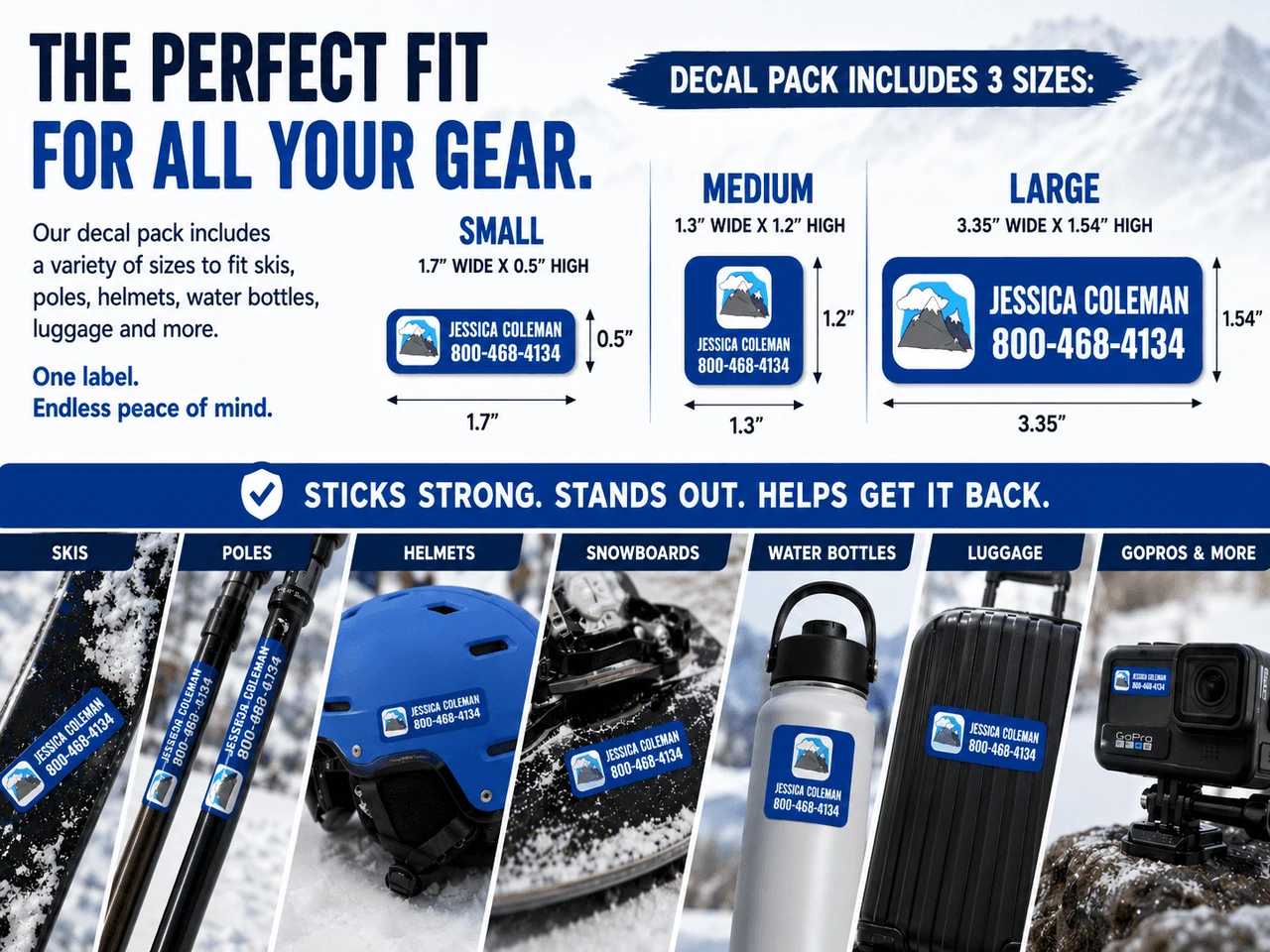 Stinky Lockers Personalized Ski Stickers, custom labels on skis, poles, helmets, water bottles, luggage, and GoPro camera for easy identification and decoration.