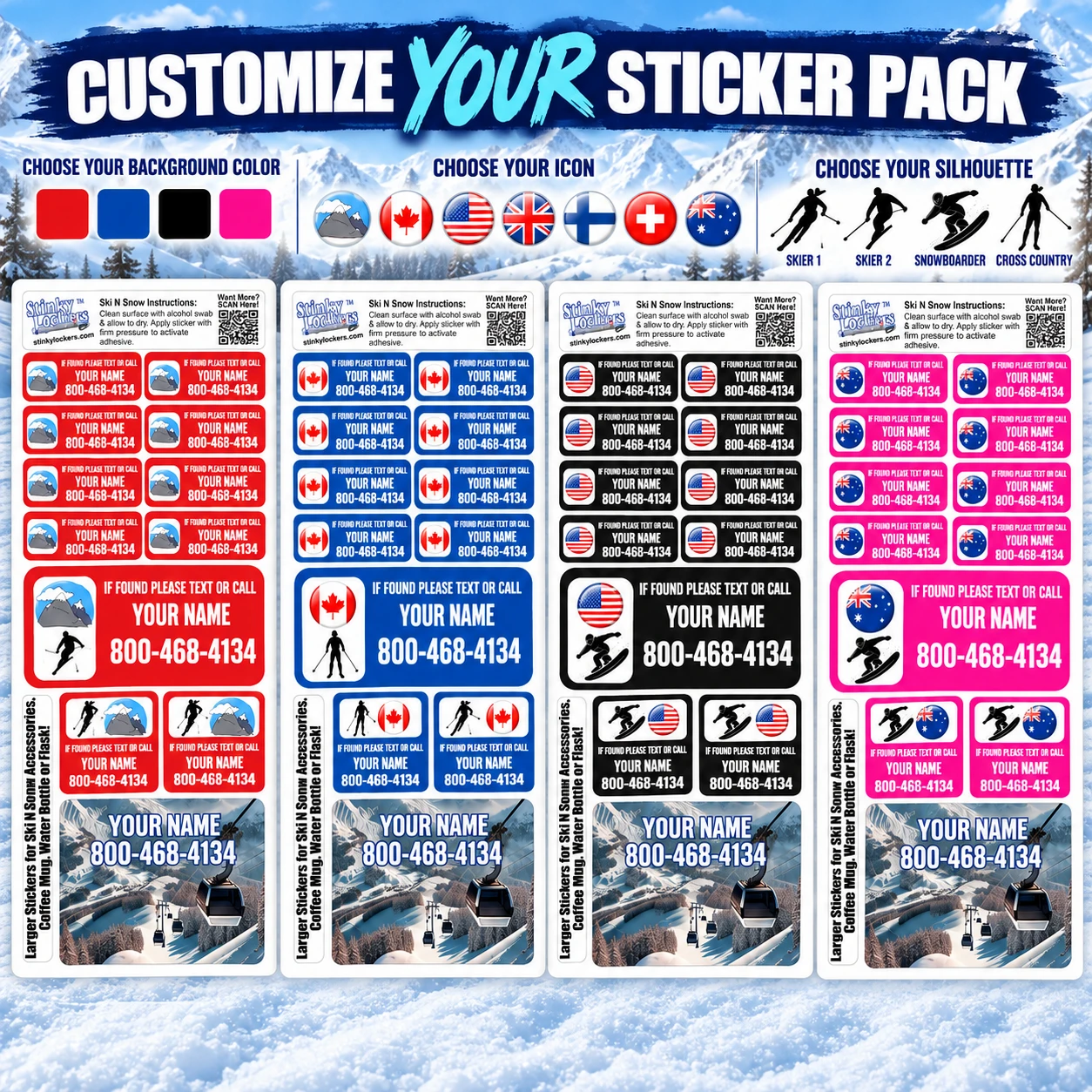 Personalized ski stickers and custom ski labels with your name and phone number. Choose your background color, country flag or mountain icon, and skier, snowboarder or cross-country silhouette.