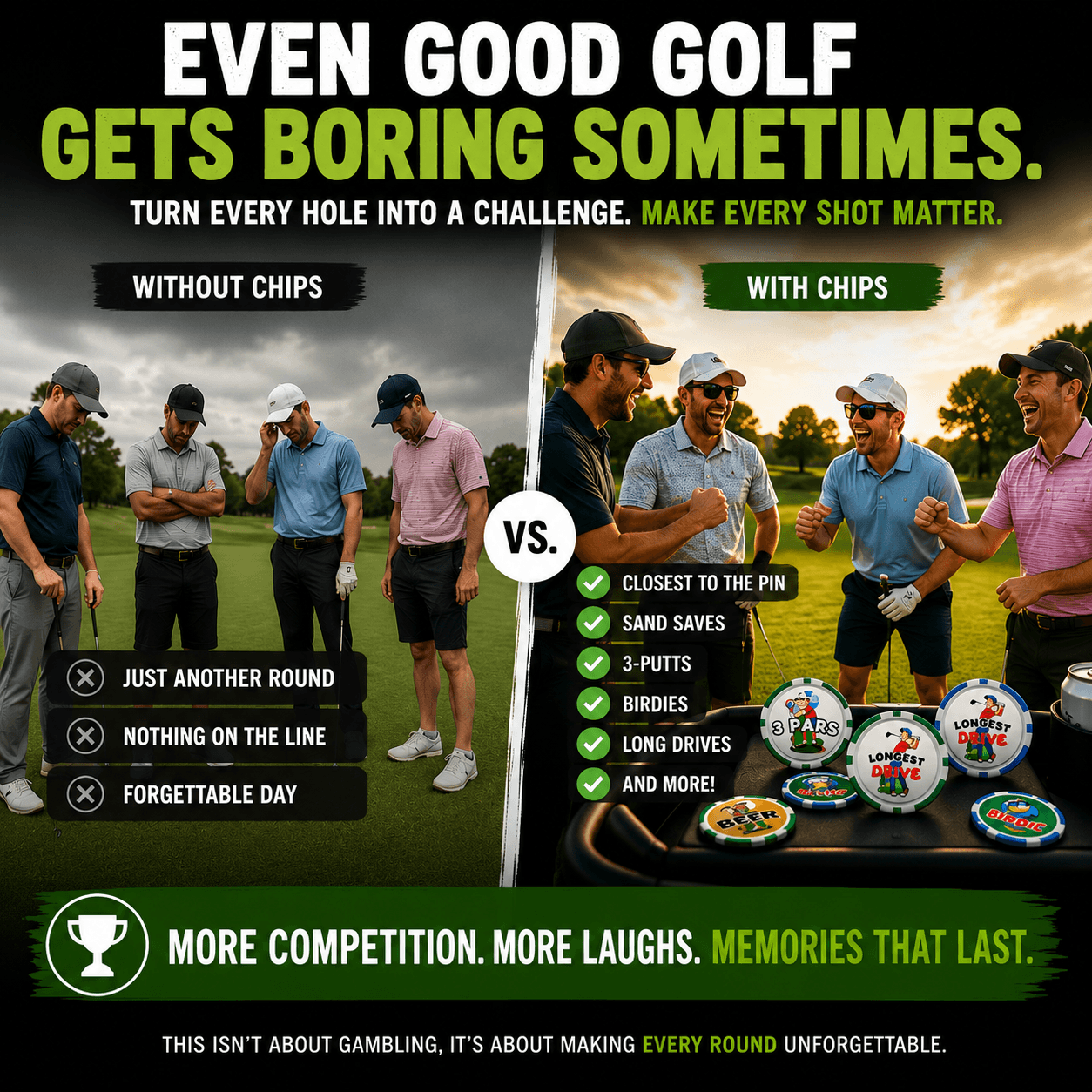Stinky Lockers Golf Chips Game - 15 Unique Golf Poker Chip Collection, showing a comparison of golf game experiences with and without chips, featuring smiling golfers and colorful poker chips on a golf course.