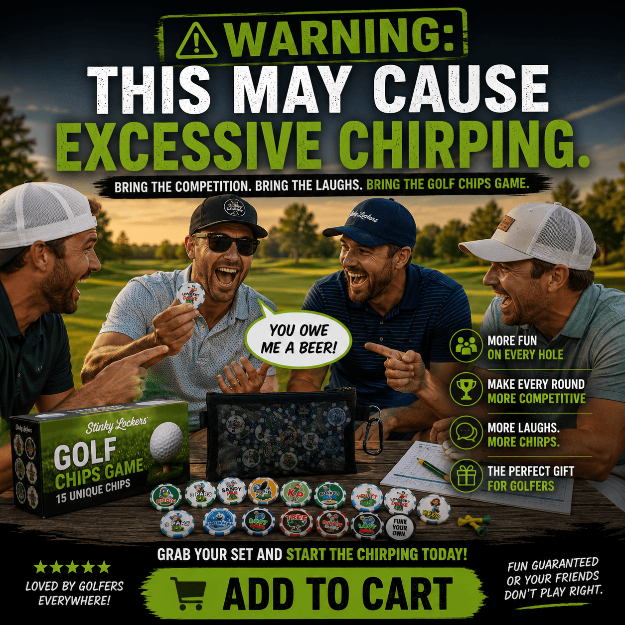 Stinky Lockers Golf Chips Game - 15 Unique Golf Poker Chip Collection, image of four golfers enjoying a game of golf and showing off colorful golf chips with various fun designs during sunset.