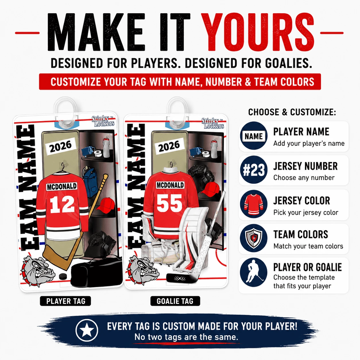 Stinky Lockers Personalized Hockey Team Combo – Bag Tag, Stick & Water Bottle Decals, image showing customizable hockey team tags with player name, jersey number, team colors, and goalies.
