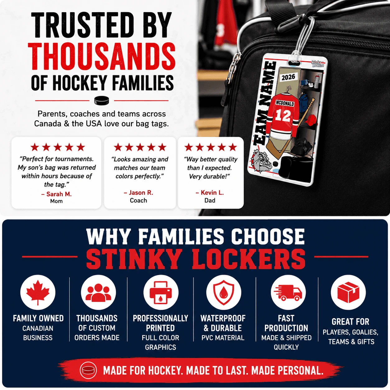 Stinky Lockers Personalized Hockey Team Combo – Bag Tag, Stick & Water Bottle Decals attached to a hockey bag, colorful hockey-themed bag tag with team logo and gear graphics.