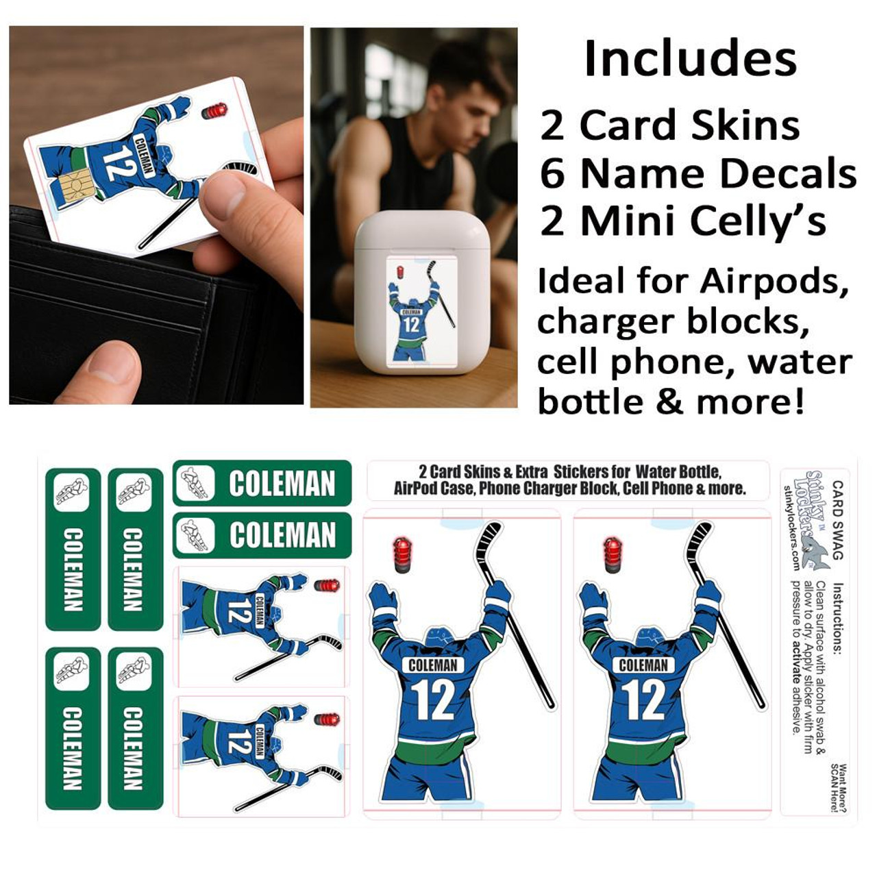 Stinky Lockers Hockey Celly Card Skin – Personalized Credit/Debit Card Sticker Pack 
