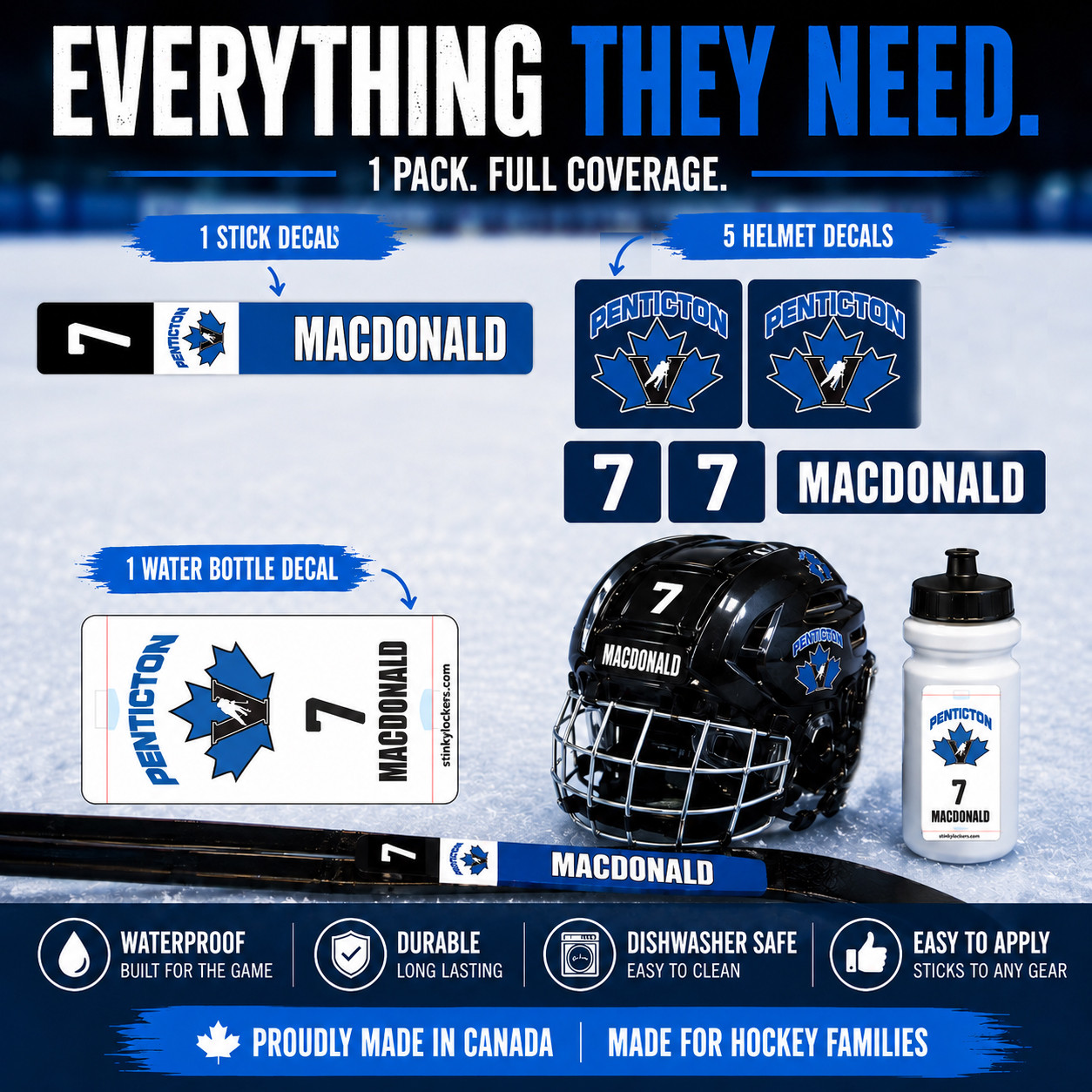 Personalized hockey stickers applied to stick helmet and water bottle for easy gear identification