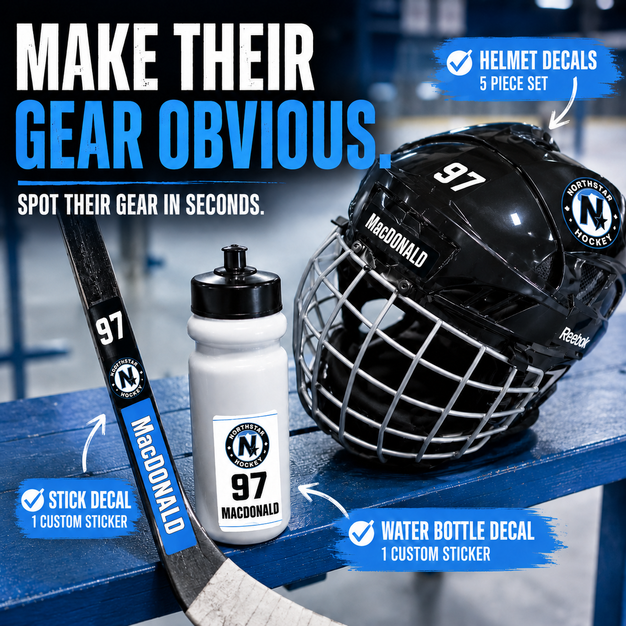 Personalized hockey stickers applied to stick helmet and water bottle for easy gear identification