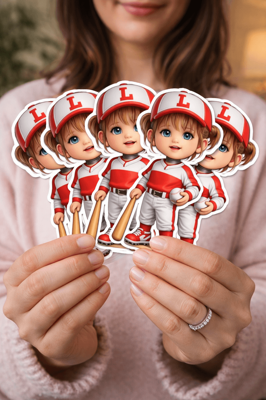 Stinky Lockers AI Stickers, set of cartoon baseball player stickers featuring a girl with big blue eyes, red and white uniform, and baseball bat or ball.