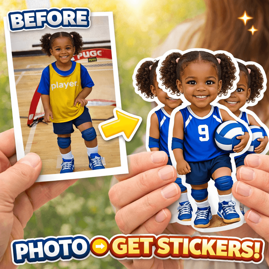 Stinky Lockers AI Stickers, set of cartoon-style stickers featuring a cheerful young girl in a blue sports uniform holding a volleyball, with multiple identical stickers in the background.