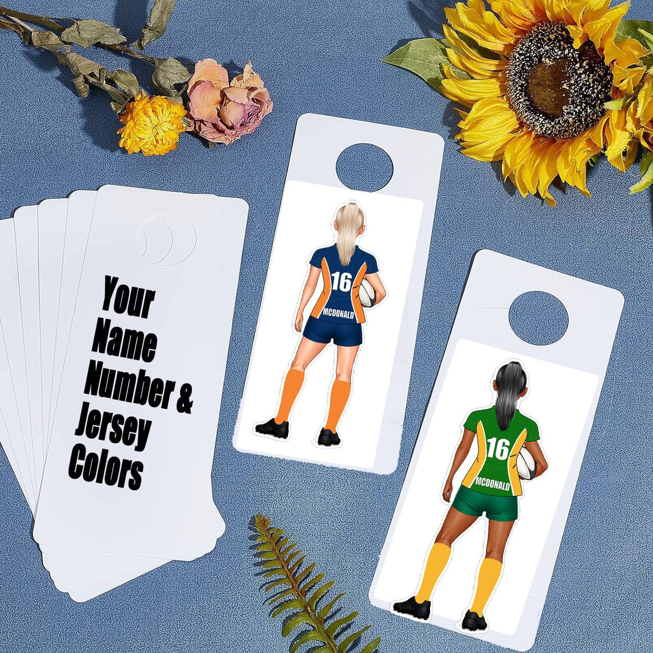 Stinky Lockers Personalized Rugby Hotel Bedroom Door Hanger Sign, illustrated rugby players with customizable name, number, and jersey colors.