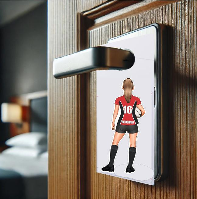 Stinky Lockers Personalized Rugby Hotel Bedroom Door Hanger Sign, a customized rugby-themed door sign featuring a female rugby player illustration on a wooden door.