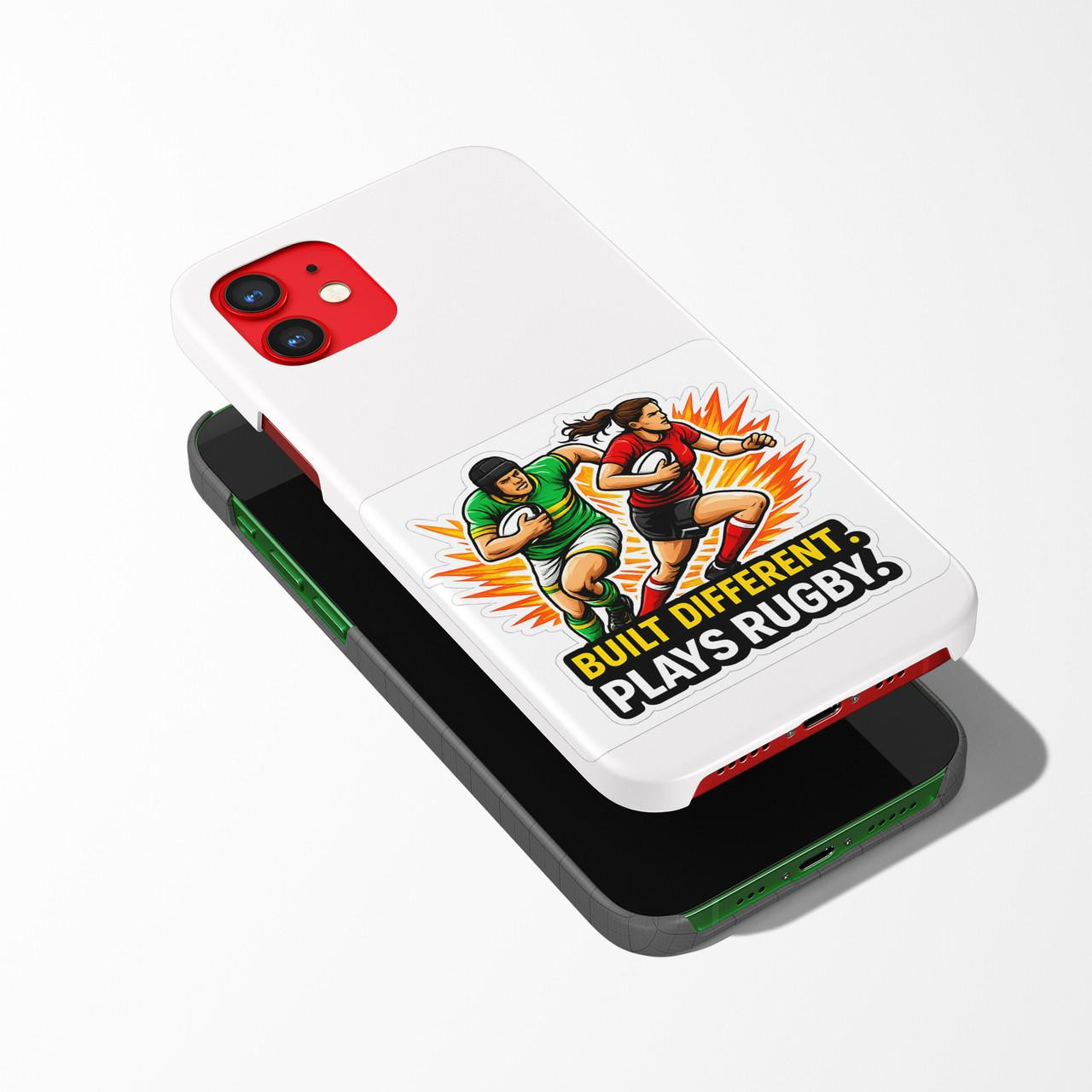 Stinky Lockers Assorted Rugby Sticker Pack OTO, two illustrated rugby players in action with a bold caption 'Built Different Plays Rugby' on a white phone case.