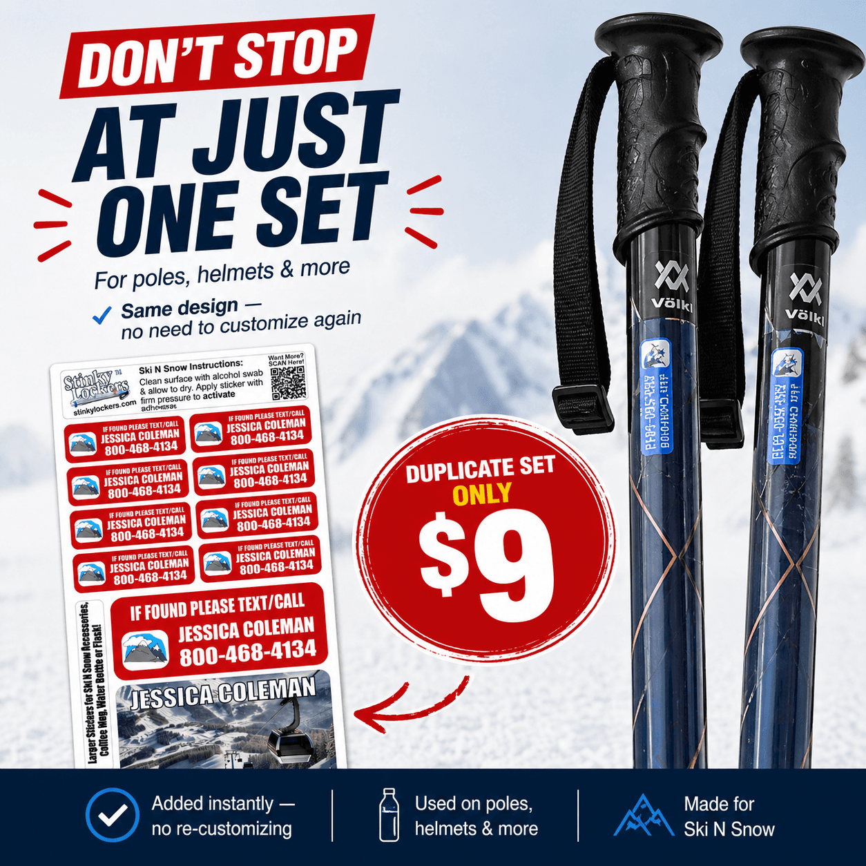 Stinky Lockers Duplicate Set of Ski Stickers, a set of red and white labels with customizable text for ski poles, helmets, and gear on a snowy mountain background.