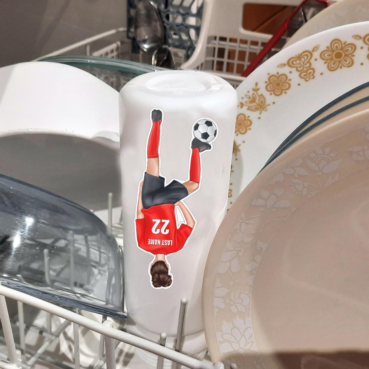 Stinky Lockers 12 Dollar Special-2 Female Soccer Stickers & FREE Digital Download Coloring Pages, image of a soccer-themed sticker on a dishwasher with a girl in a red jersey holding a soccer ball.