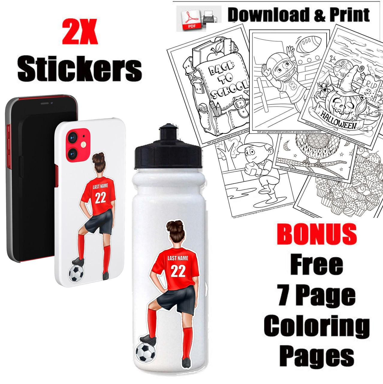 Stinky Lockers 12 Dollar Special - 2 Female Soccer Stickers and Free Digital Download Coloring Pages, featuring a soccer player sticker, a water bottle sticker, and black-and-white coloring pages with Halloween and sports themes, ideal for kids' locker decorations and printable coloring activities.