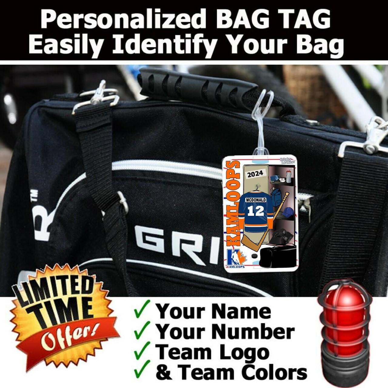 Stinky Lockers Personalized Hockey Luggage Tag, attached to a black bag, featuring a hockey jersey and sports equipment design.