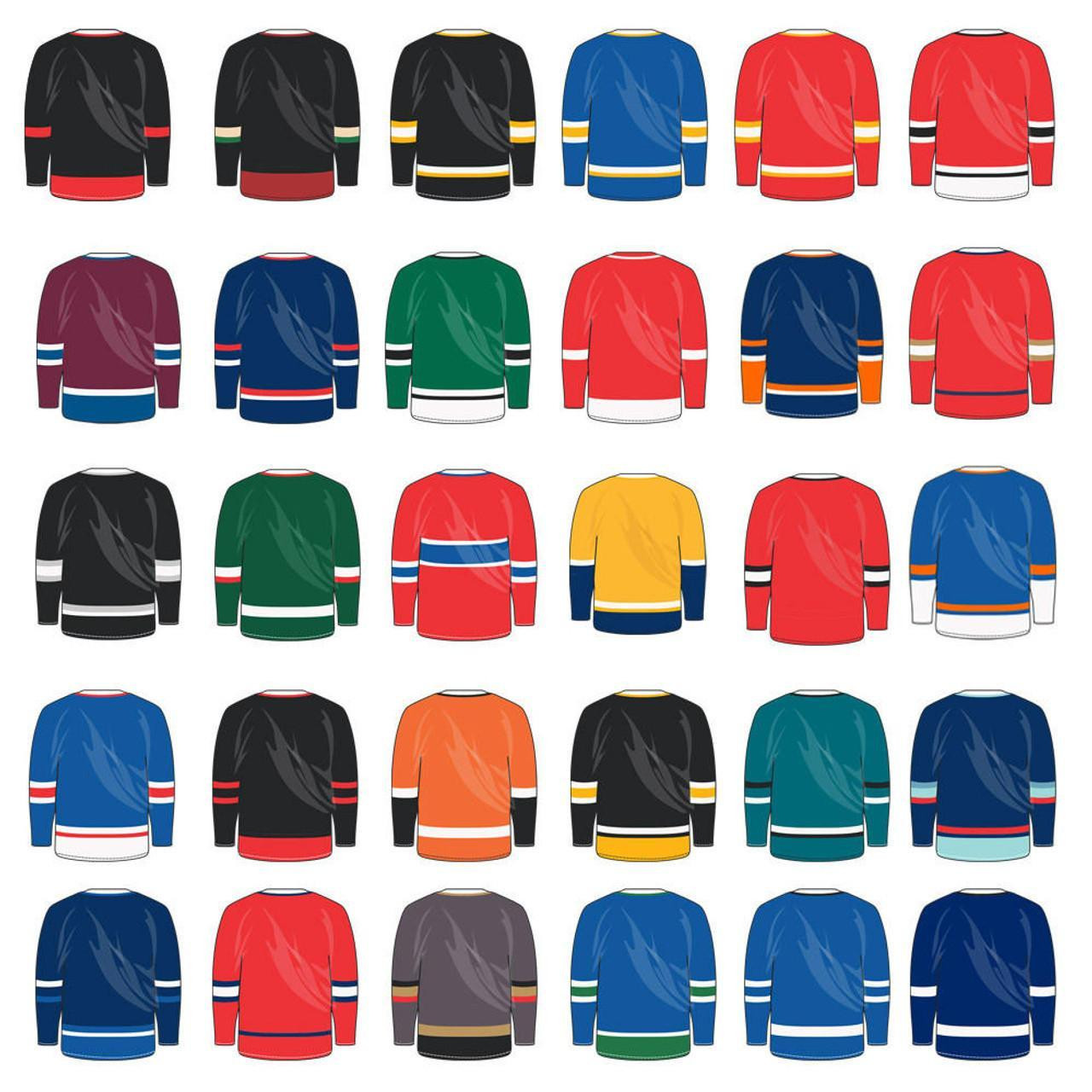 Stinky Lockers Personalized Hockey Luggage Tag OTO, image of various colorful hockey jerseys shown from the back.