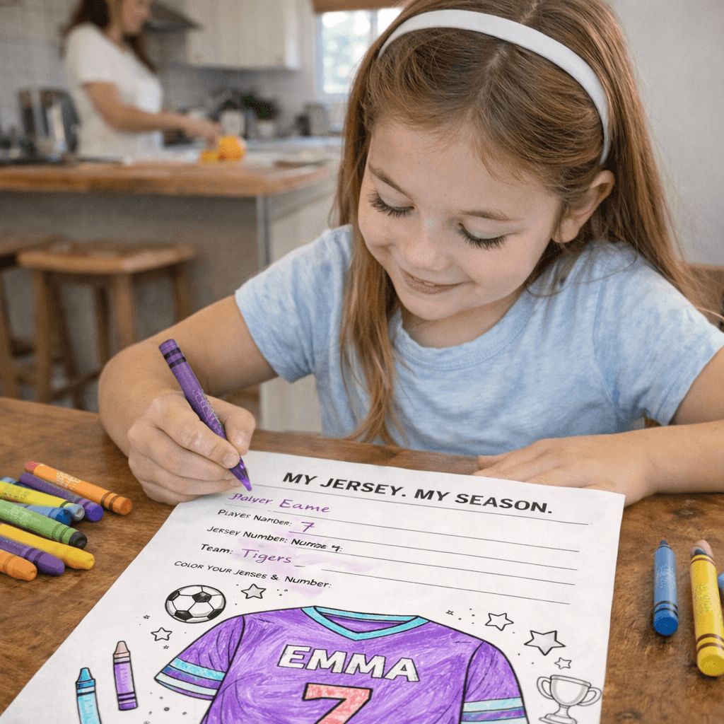 Stinky Lockers Soccer Memory Maker Printable PDF Book, a young girl coloring a soccer jersey in a fun activity sheet with crayons scattered on the table.