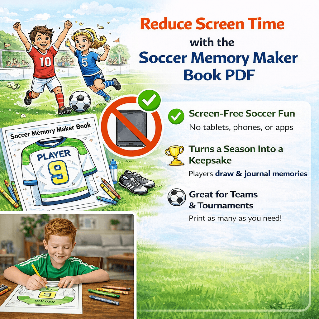 Stinky Lockers Soccer Memory Maker Printable PDF Book, featuring a colorful sports-themed design and a child coloring a soccer-themed memory book.