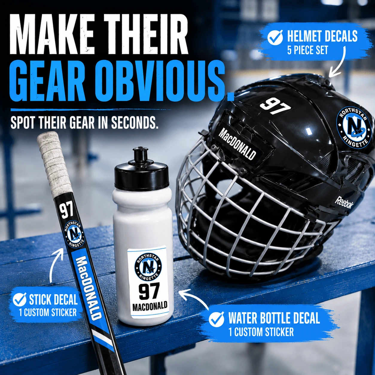 Stinky Lockers Personalized Ringette Sticker Pack – Power Play Pack, hockey gear accessories with custom stickers for helmets, water bottles, and hockey sticks.