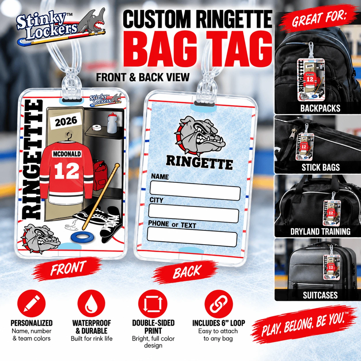 Stinky Lockers Personalized Ringette Luggage Tag with Loop-OTO, front and back view of a custom ringette bag tag featuring a hockey player graphic and space for personal information.