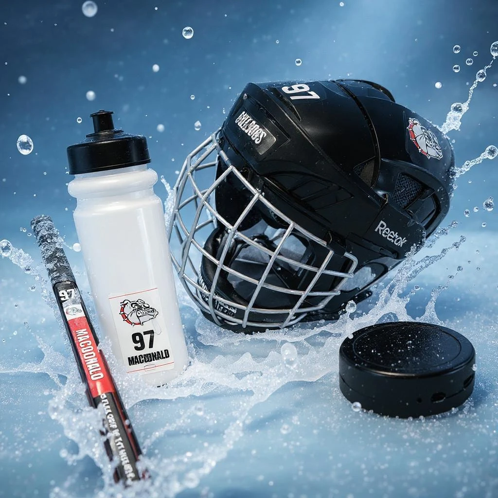 Stinky Lockers Personalized LAX Lacrosse Power Play Sticker Pack, lacrosse gear including helmet, water bottle, and marker with stickers on a snowy surface.