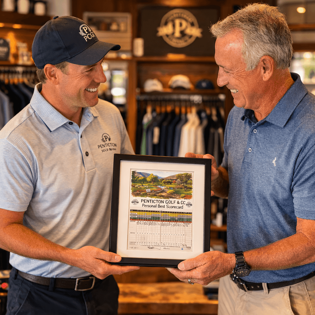 Framed Golf Course Watercolor Print – Add Your Scorecard Keepsake | Golf Course Memory Frame, two men exchanging gift golf scorecard in retail store