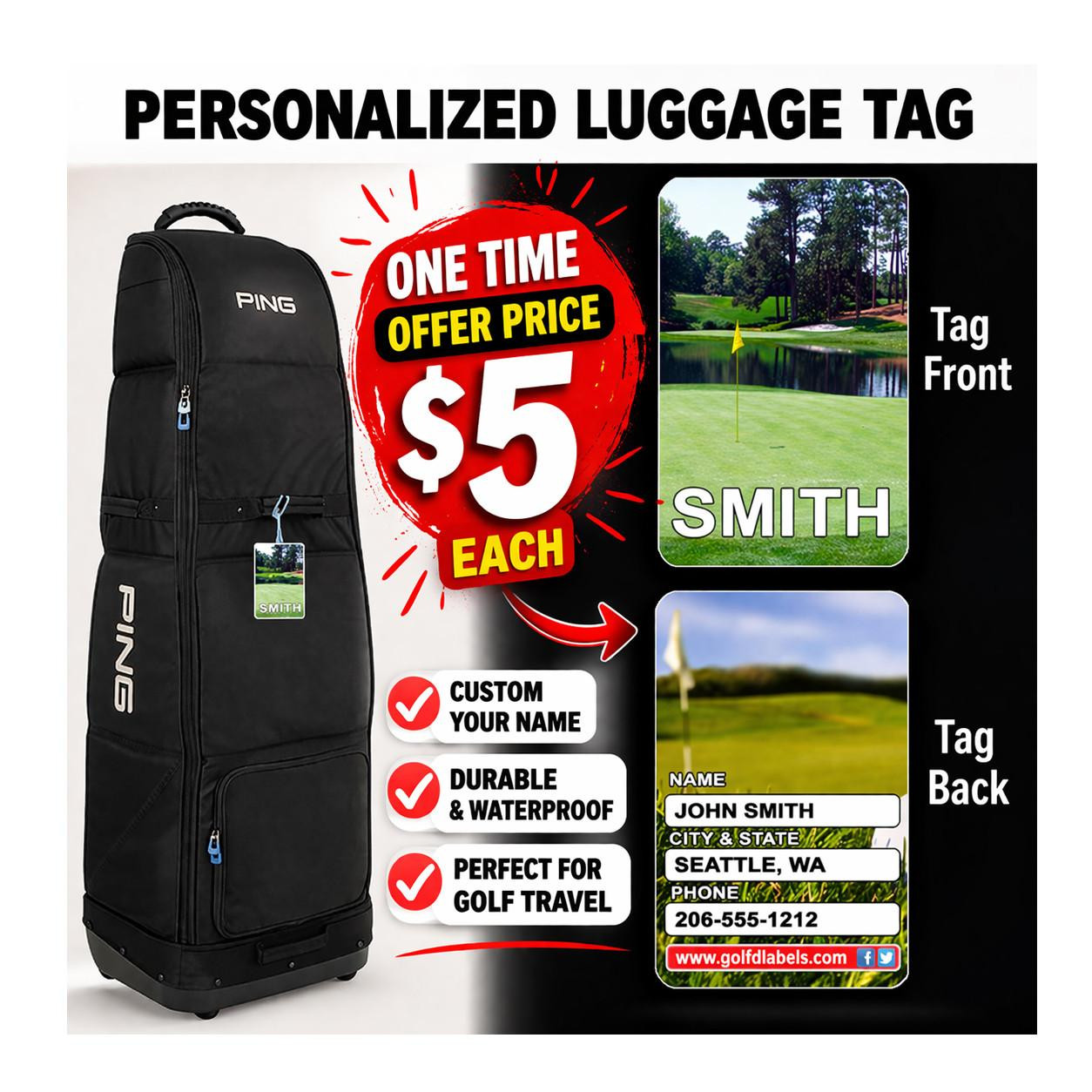 Stinky Lockers Personalized Golf Luggage Tag with Loop-OTO, showcasing a customizable waterproof golf luggage tag with a front and back design, featuring golf course images and personalized text.