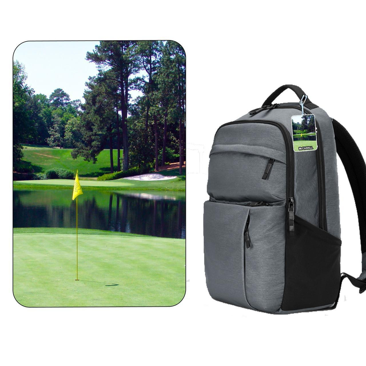 Stinky Lockers Personalized Golf Luggage Tag with Loop-OTO, a gray luggage tag attached to a backpack with a golf course image and name label.