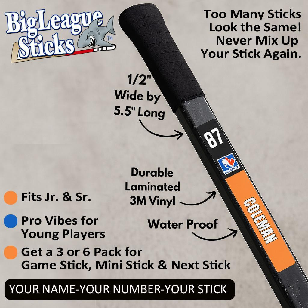 Stinky Lockers Personalized Power Play Sticker Pack-OTO, close-up of a hockey stick with customizable stickers including player number 87 and name 'Coleman', featuring colorful decals and durable laminated vinyl.